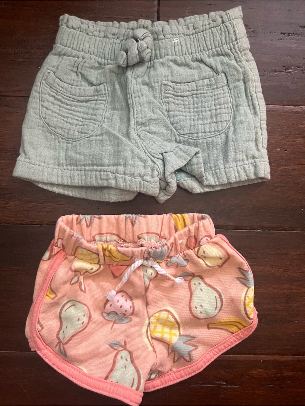 TWO Garanimals Baby 0-3 months Sage Green & fruit Drawstring Cotton Shorts